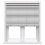 Light grey wooden grain wooden blind in a window