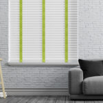 White and neon green tape wooden blinds