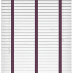 True white wooden blinds with a dark red tape running down them