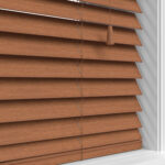 Golden Oak Basswood Elite Wood Close up of Blinds